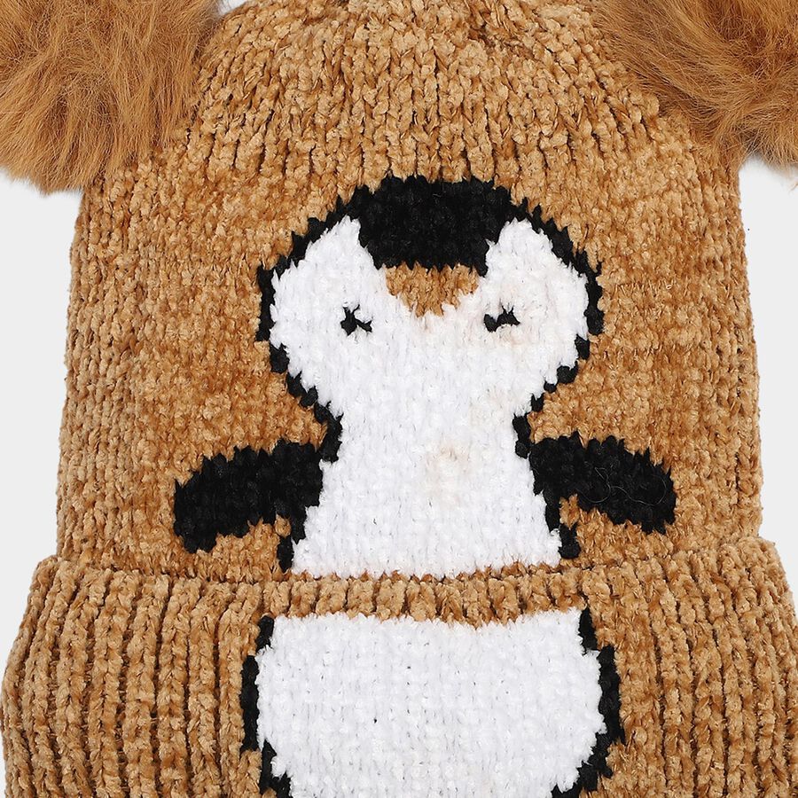 Girls Brown Penguin Applique Beanie Cap, भूरा, large