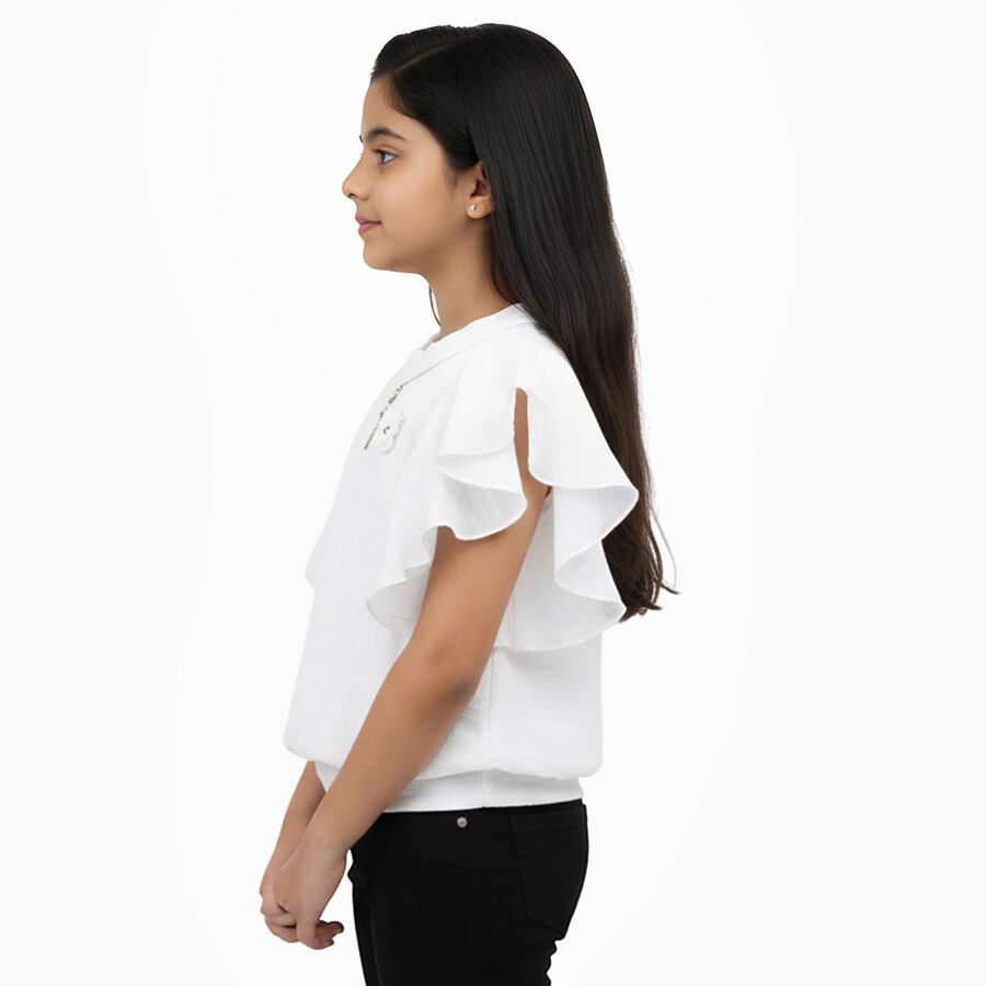 Girls' Bright Snow White Round Neck Romantic T-Shirt, सफ़ेद, large image number null