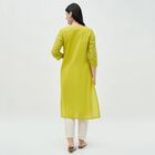 Women's Bright Lime Green Cotton Notch Neck Embroidered Kurta, हल्का हरा, small
