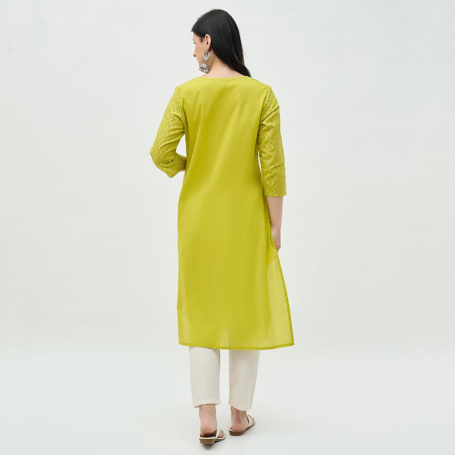 Women's Bright Lime Green Cotton Notch Neck Embroidered Kurta, हल्का हरा, large