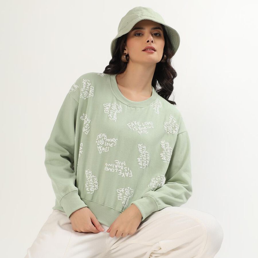 Women Light Sage Green Crew Neck Casual Sweatshirt, हल्का हरा, large image number null