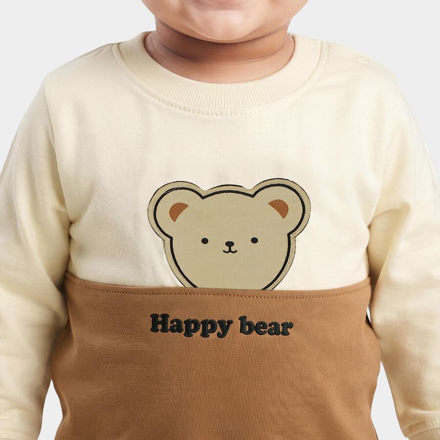 Infants' Beige 100% Cotton Round Neck Graphic Print Baba Suit, Beige, large