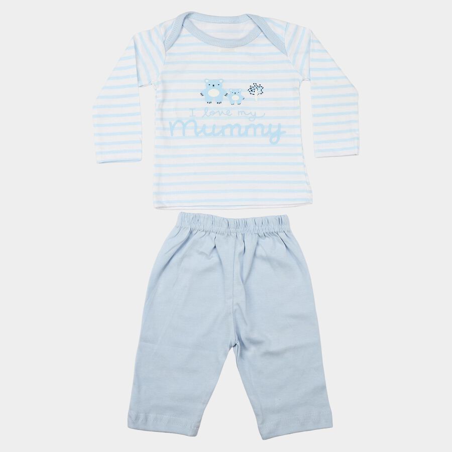 Infants' Light Blue 100% Cotton Round Neck Striped Baba Suit, Light Blue, large
