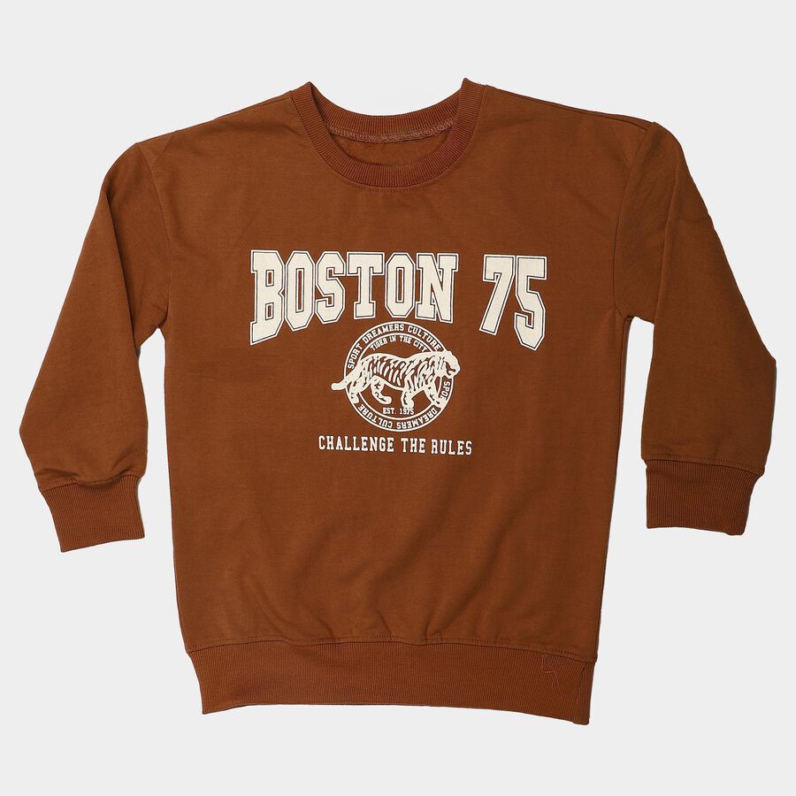 Boys Brown Crew Neck Pullover Sweatshirt, भूरा, large
