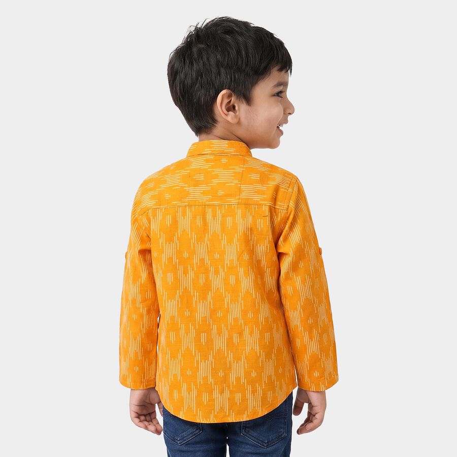 Boys Yellow Cotton Mandarin Collar Regular Fit Casual Shirt, पीला, large