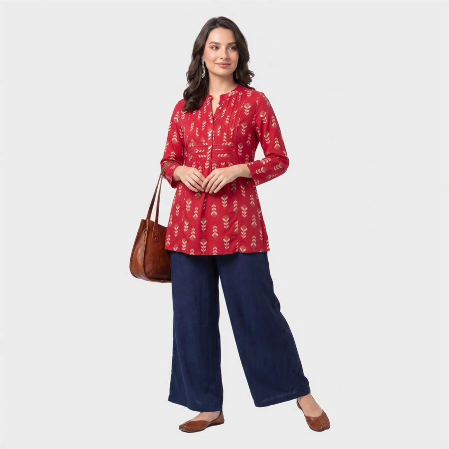 Women's Fuchsia Band Collar Floral Printed A-Line Kurti, रानी (फ्यूशिया), large