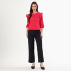 Women's Bright Pink Cotton Round Neck Ruffle Sleeve Top, Pink, small