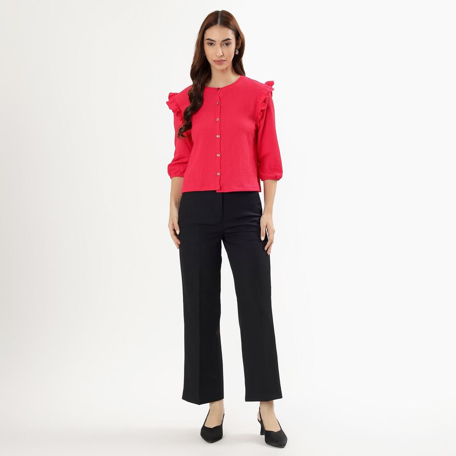 Women's Bright Pink Cotton Round Neck Ruffle Sleeve Top, Pink, large