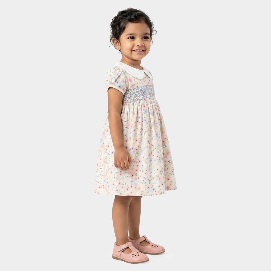 Girls' White Floral Printed Smocked Fit and Flare Frock, Off White, large