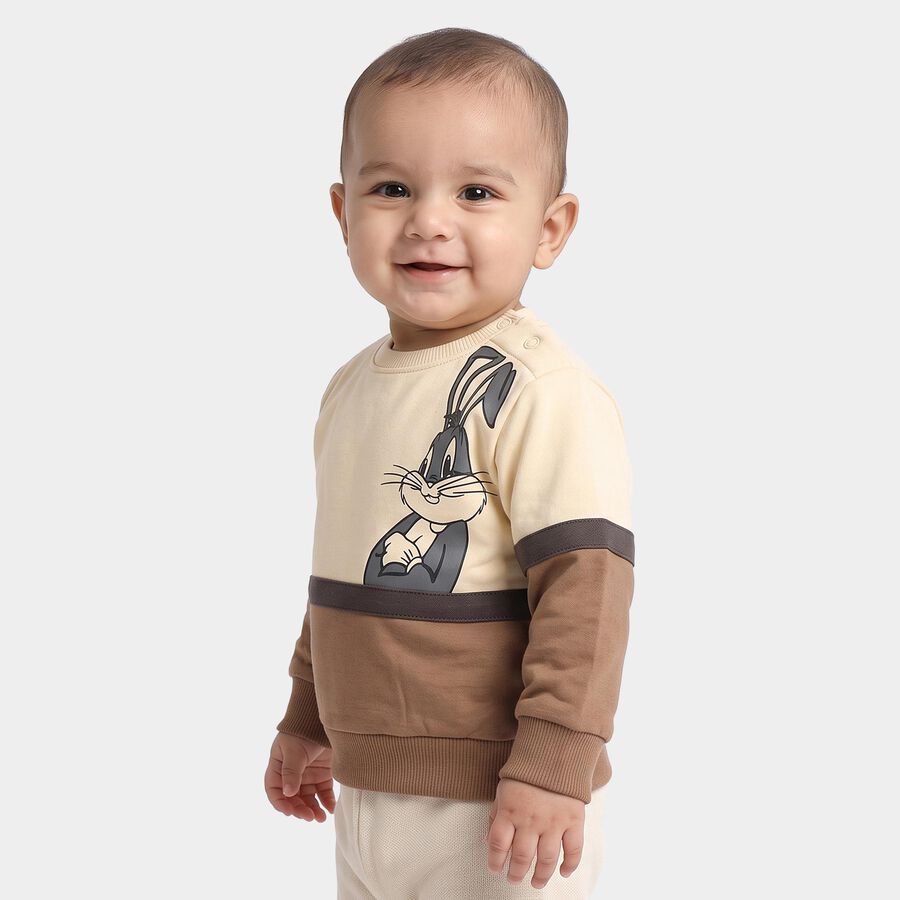 Infants' Beige Cotton Round Neck Pullover Sweatshirt, Beige, large