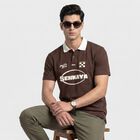 Men Brown Polo Neck Graphic Print T-Shirt, Brown, small