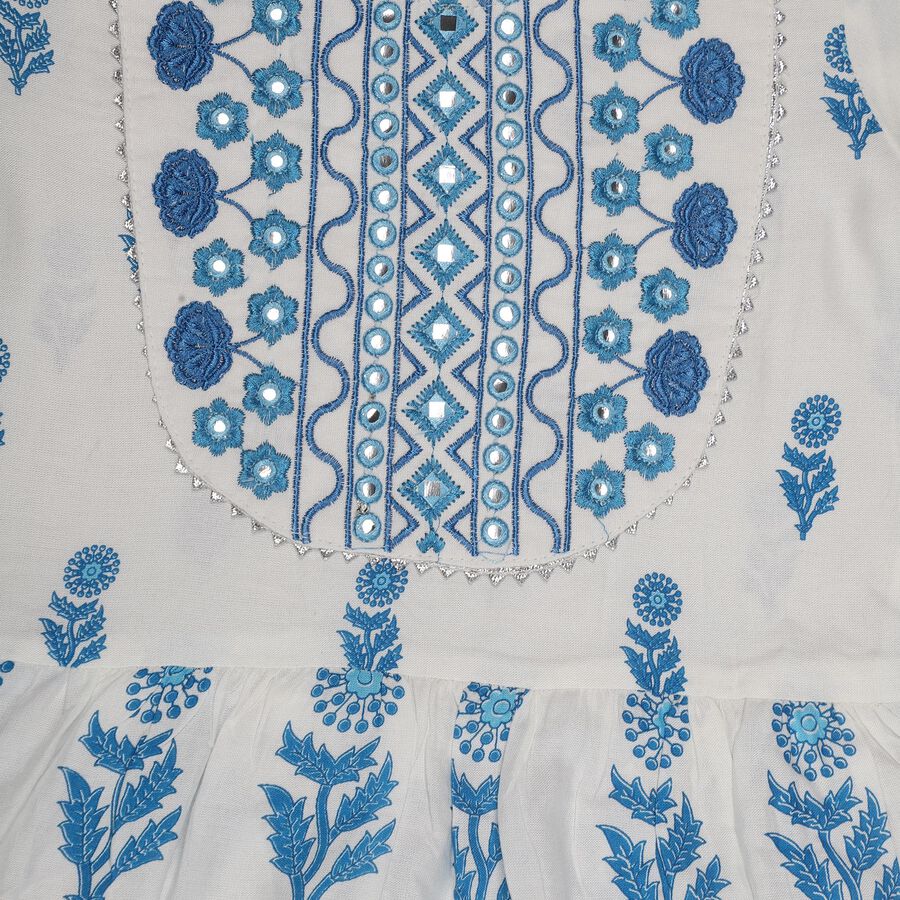 Girls' Bright White Cotton Embroidered Kurta and Pant Fusion Set, Light Blue, large image number null