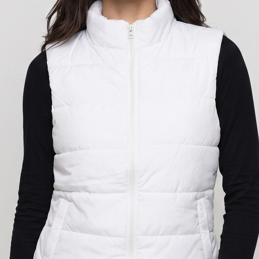 Women's White Sleeveless Stand Collar Puffer Jacket, White, large