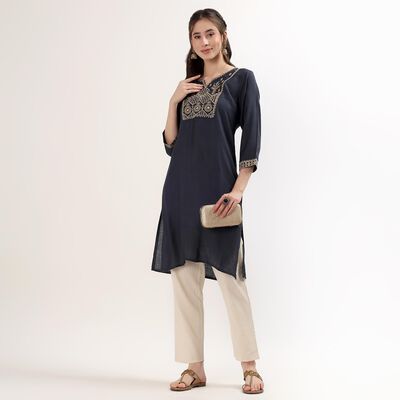 Women's Teal Notch Neck Floral Printed Kurta