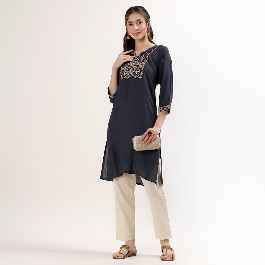 Women's Teal Notch Neck Floral Printed Kurta, टील ब्लू, large