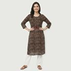 Women's Brown Cotton Round Neck Floral Printed Straight Kurta, Brown, small