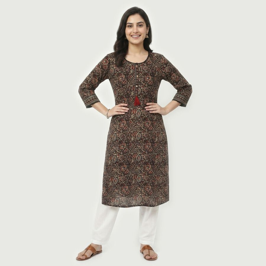 Women's Brown Cotton Round Neck Floral Printed Straight Kurta, Brown, large