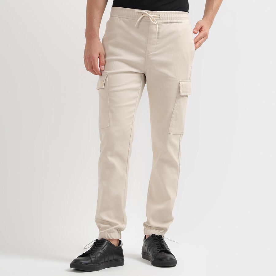 Men's Slim Fit Casual Trousers, Ecru Melange, large image number null