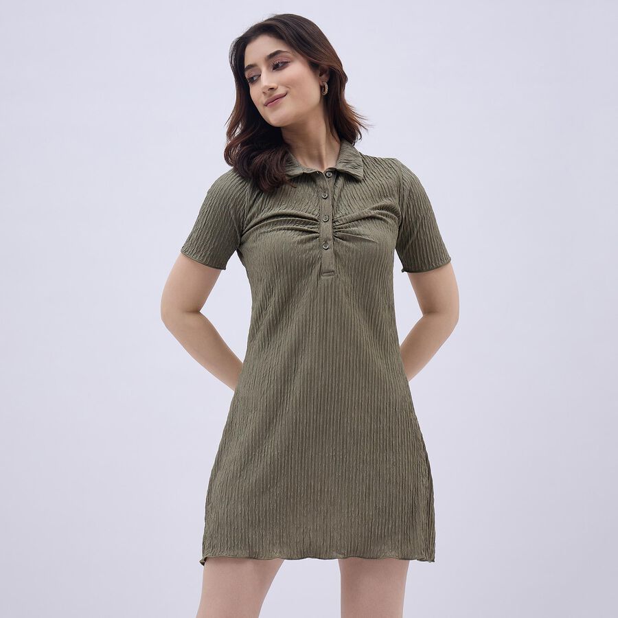 Women's Muted Olive Green Collared Empire Style Dress, Light Green, large