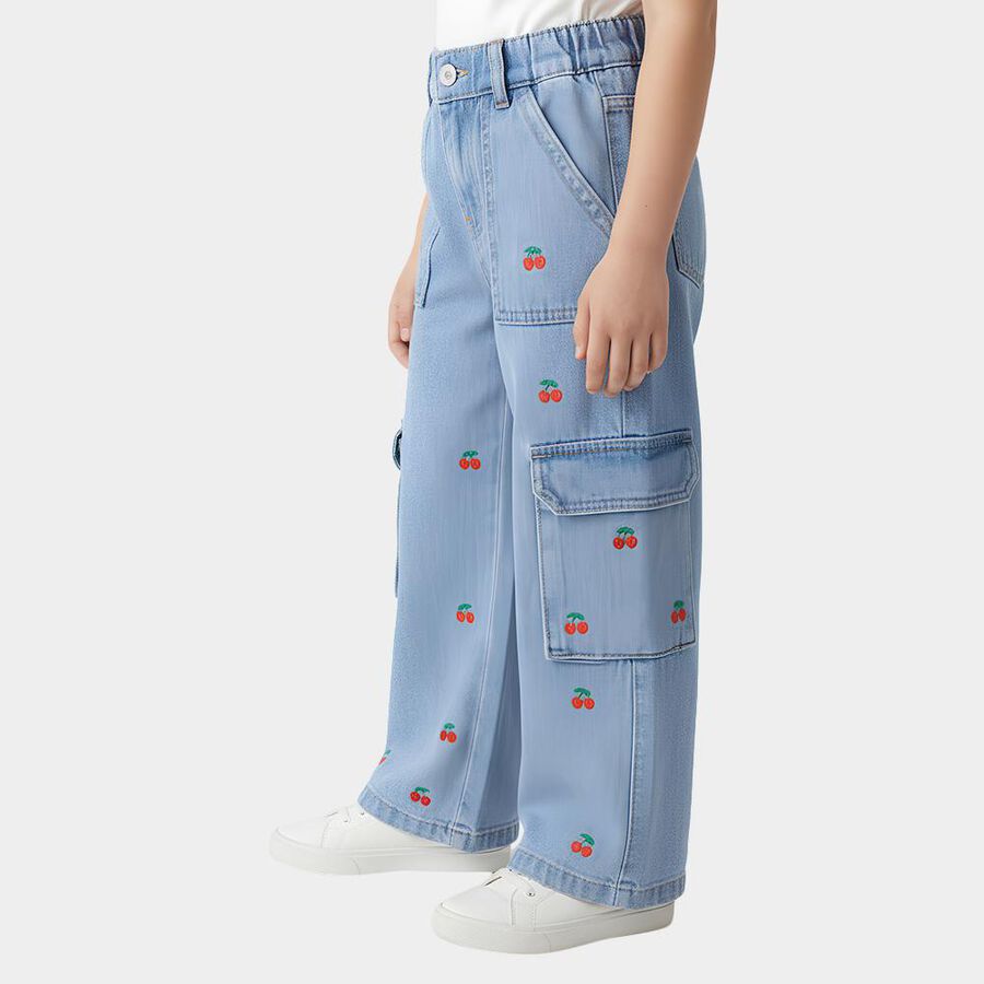 Girls' Light Blue Wide Leg Embroidered Cargo Jeans, हल्का नीला, large image number null