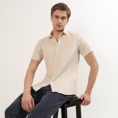 Men's Light Beige Half Sleeve Spread Collar Casual Shirt