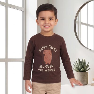 Boys Brown Cotton Blend Round Neck Regular T-Shirt