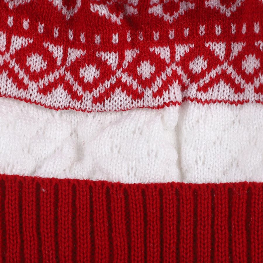 Boys' Bright Red and White Knitted Pom-Pom Winter Cap, Red, large image number null