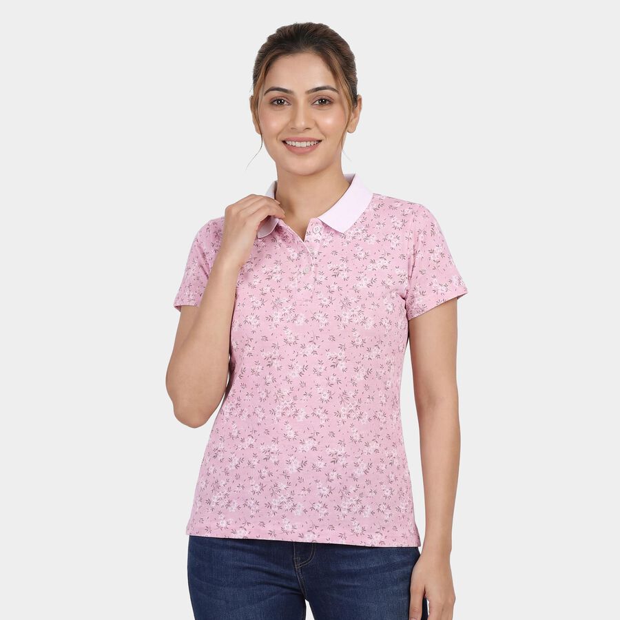 Women's Pink Cotton Polo Neck Preppy Polo T-Shirt, Light Pink, large