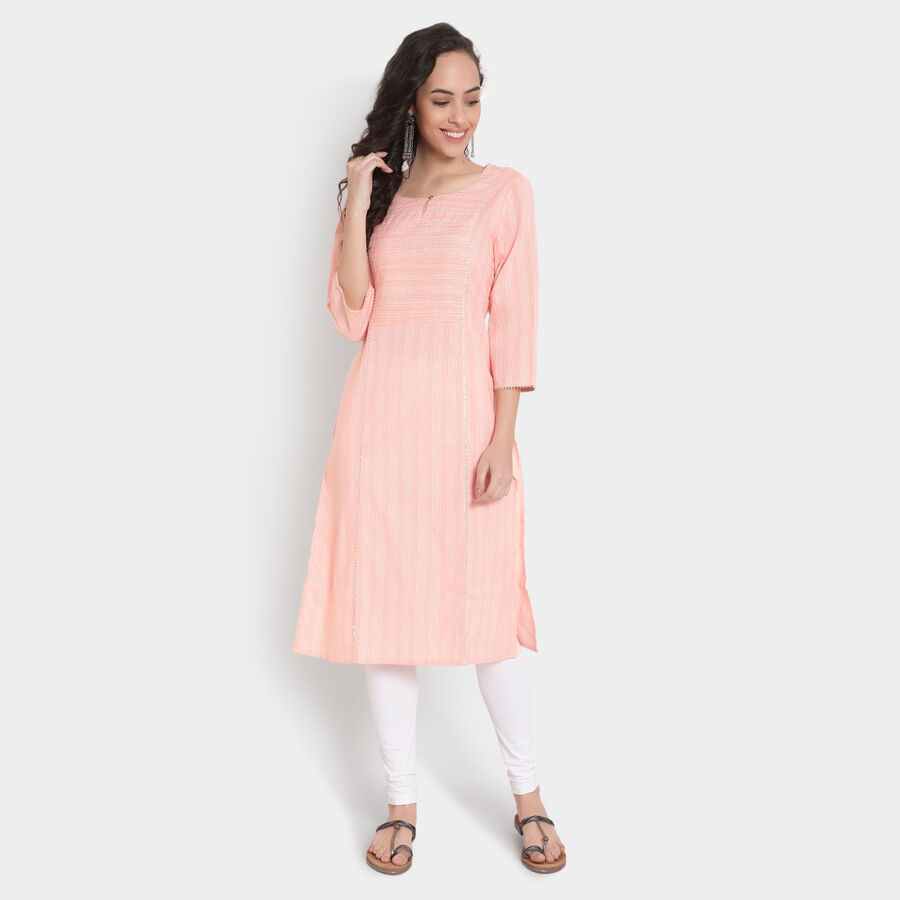 Cotton Embroidered 3/4Th Sleeves Kurta, Peach, large image number null