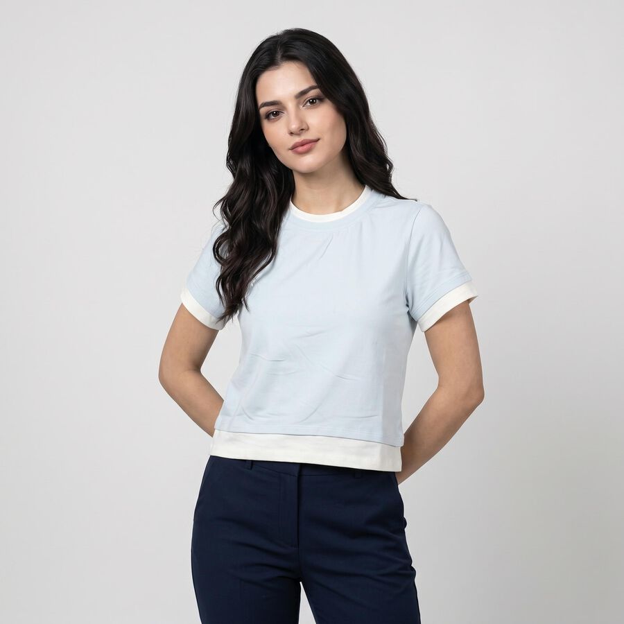 Women's Light Blue Cotton Blend Round Neck Crop Top, Light Blue, large