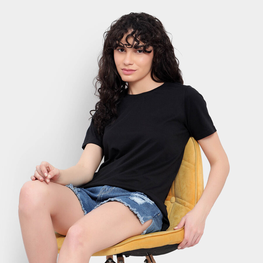 Cotton Solid Round Neck T-Shirt, Black, large image number null