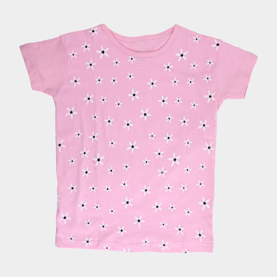 Girls' Pink Cotton Round Neck Casual T-Shirt, हल्का गुलाबी, large