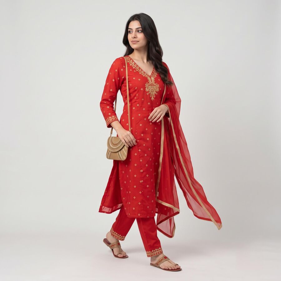 Women's Red Embroidered Ethnic Set, Red, large