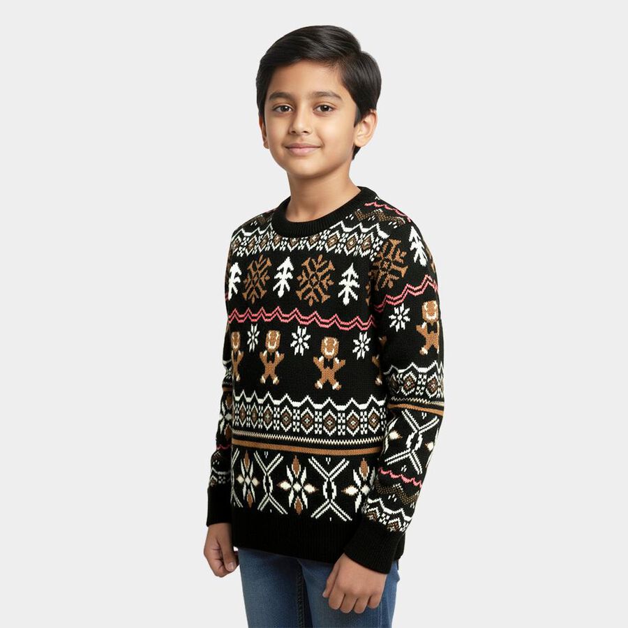 Boys Deep Charcoal Black Crew Neck Casual Pullover, Dark Green, large image number null