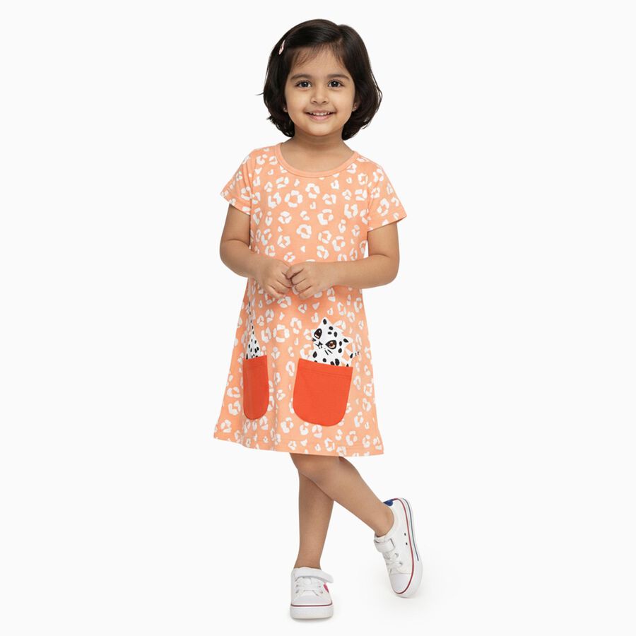 Girls' Peach Animal Print A-Line Frock with Patch Pockets, Light Pink, large
