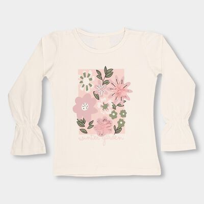 Girls' Off White Cotton Blend Round Neck Casual Top