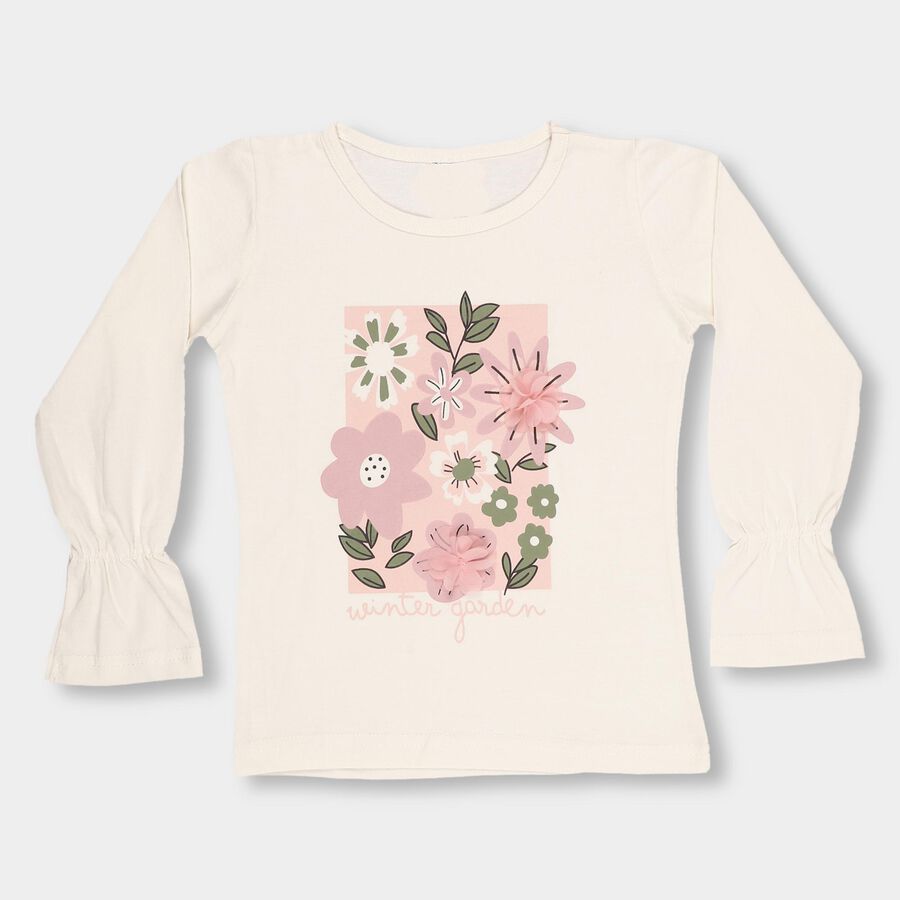 Girls' Off White Cotton Blend Round Neck Casual Top, Off White, large image number null