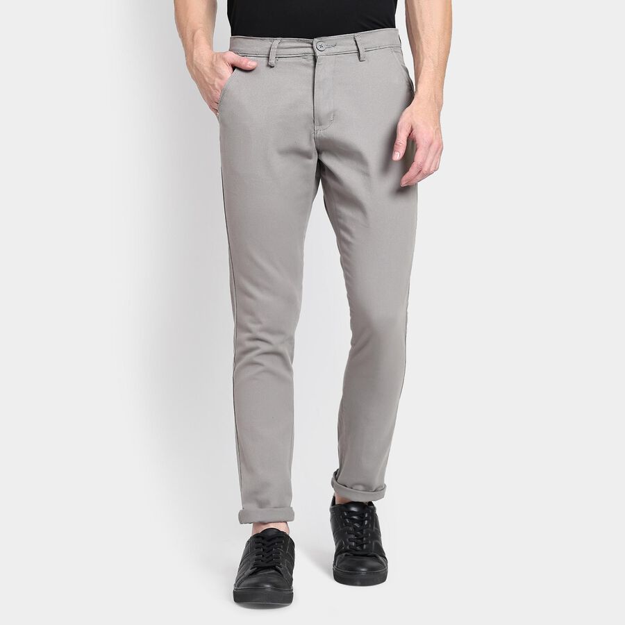 Men's 100% Cotton Slim Fit Casual Trousers , Light Grey, large image number null