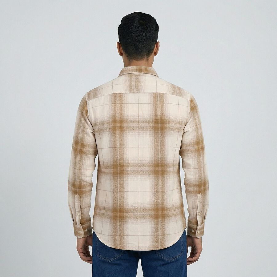 Men's Beige Cotton Button-Down Casual Shirt, Beige, large
