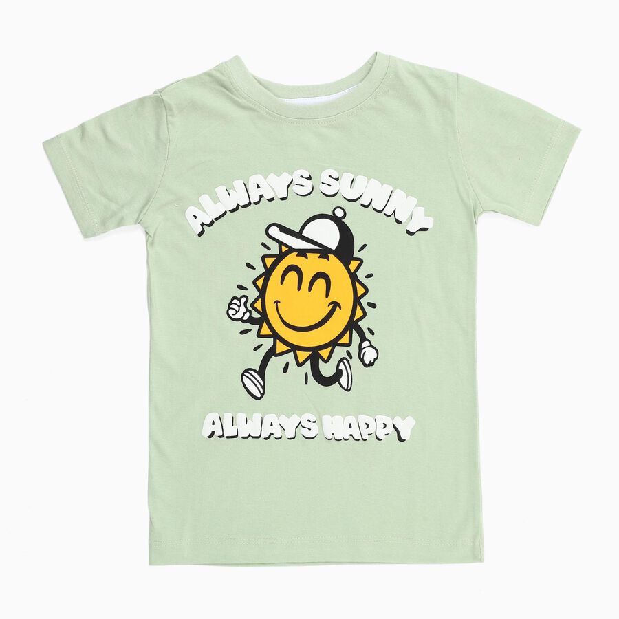 Boys Light Sage Green Cotton Round Neck Casual T-Shirt, Light Green, large image number null