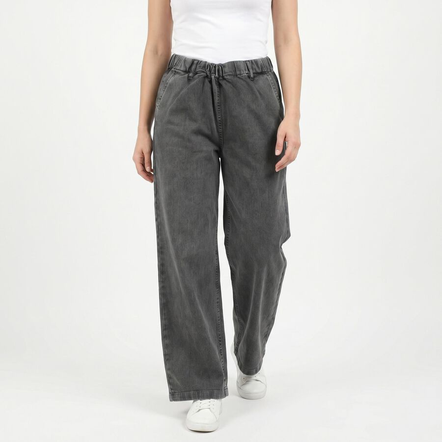 Women's Dark Grey Wide Leg Drawstring Waist Jeans, Dark Grey, large