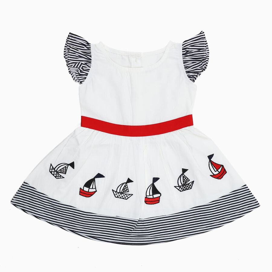 Infants' White Cotton Nautical Print Flutter Sleeve Frock, नेवी ब्लू, large image number null