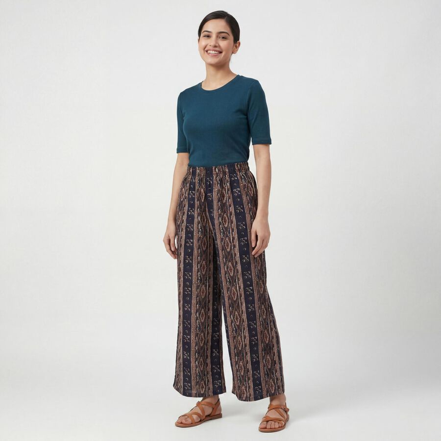 Women's Navy Blue Wide-Leg Printed Palazzos, गहरा नीला, large