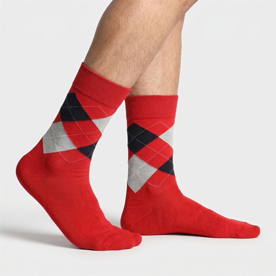 Men's Regular Fit Argyle Pack of 2 Socks ( Beige, Red ), Red, large