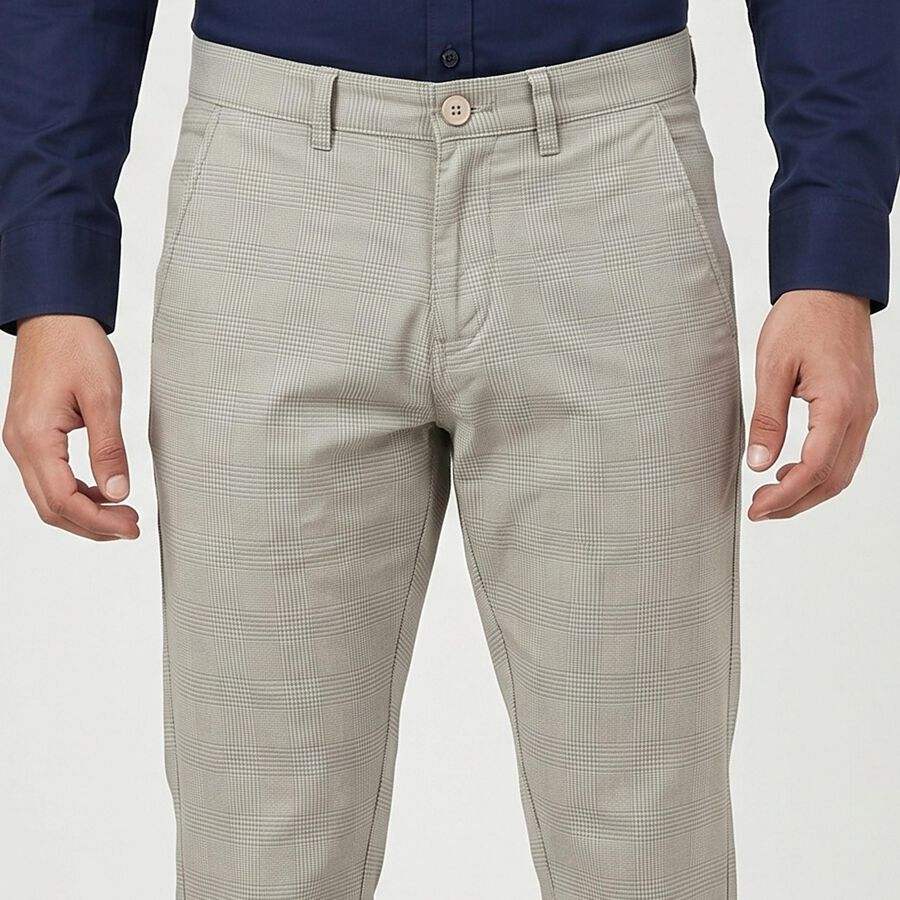 Men's Grey Slim Fit Checked Casual Trousers, हल्का ग्रे, large