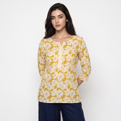 Women's Yellow Notch Neck Floral Printed Kurti