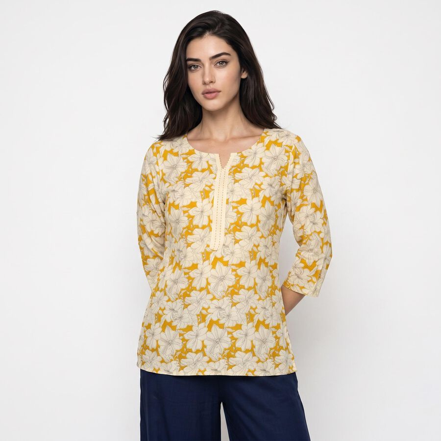 Women's Yellow Notch Neck Floral Printed Kurti, मस्टर्ड, large