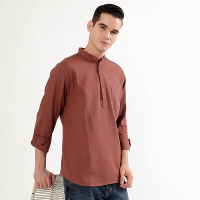 Men's Muted Terracotta Brown Cotton Mandarin Collar Solid Kurta