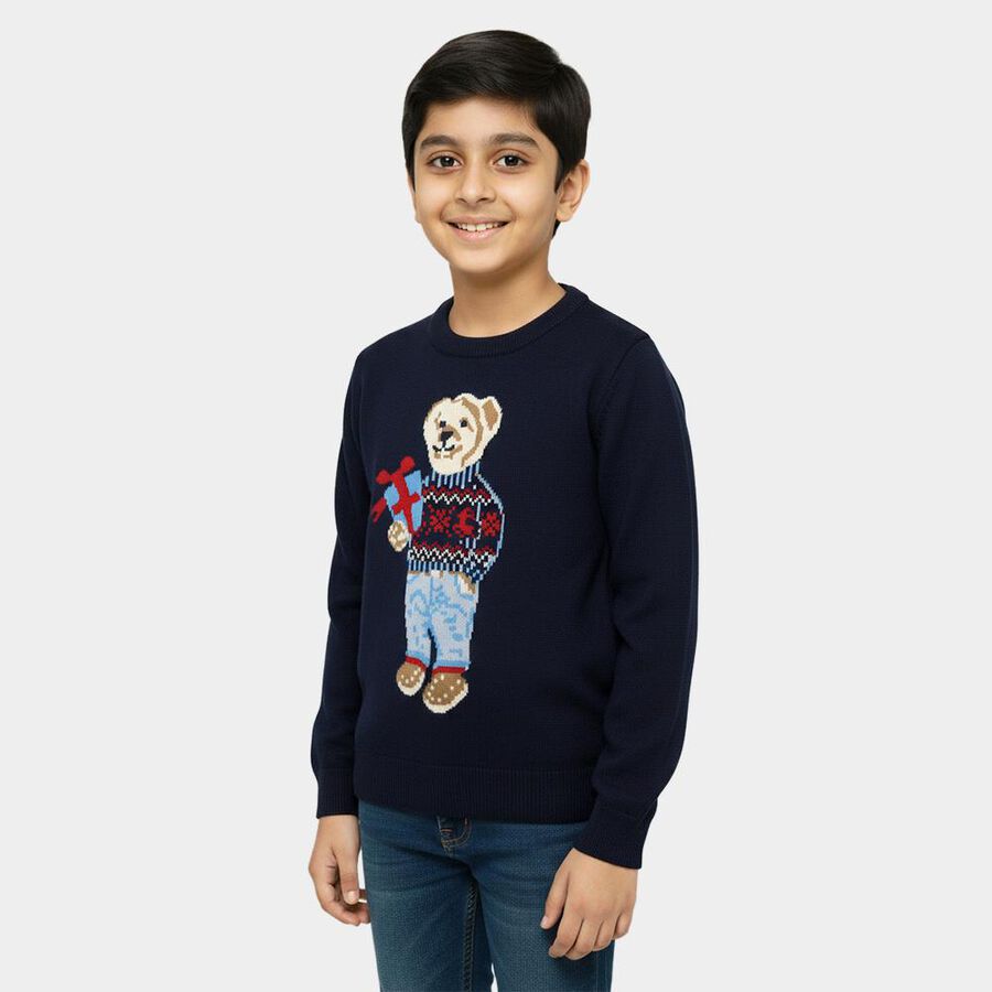 Boys' Deep Midnight Navy Blue Crew Neck Graphic Pullover, Navy Blue, large image number null