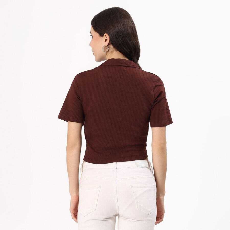 Women's Rich Chocolate Brown Cotton Collared Casual Crop Top, Brown, large